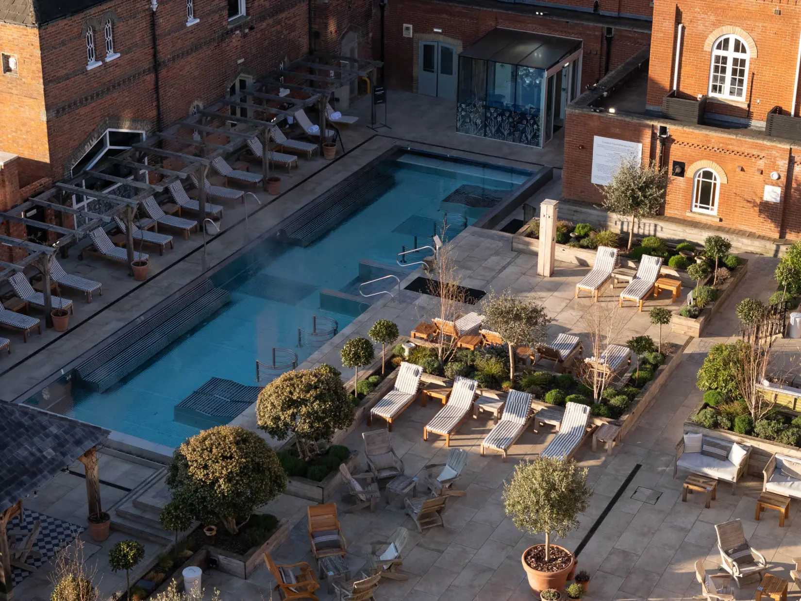An image of the outdoor pool from above at Eden Hall