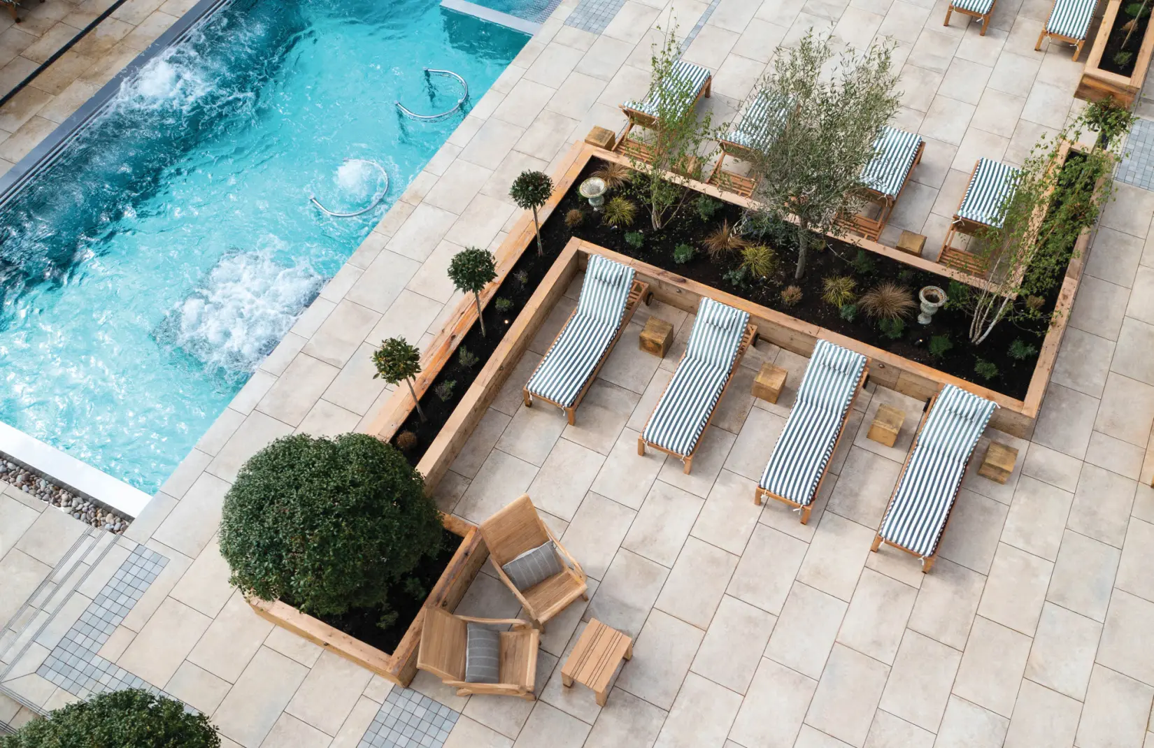 An image of one of the outdoor pools from above at Eden Hall