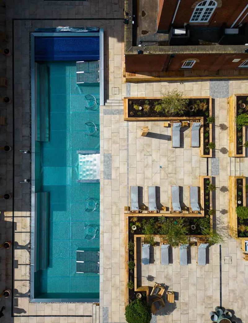 An image of a aerial shot of the outdoor pool at Eden Hall