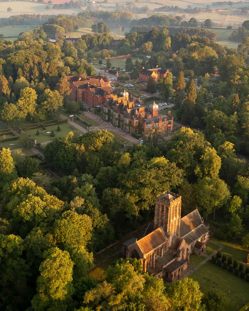 An image of a aerial shot at Hoar Cross Hall