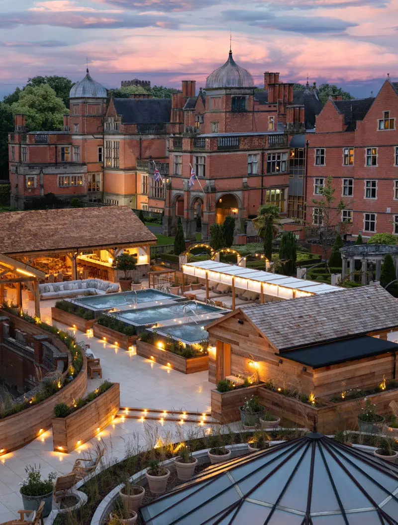 An image of a aerial shot of the terrace at Hoar Cross Hall