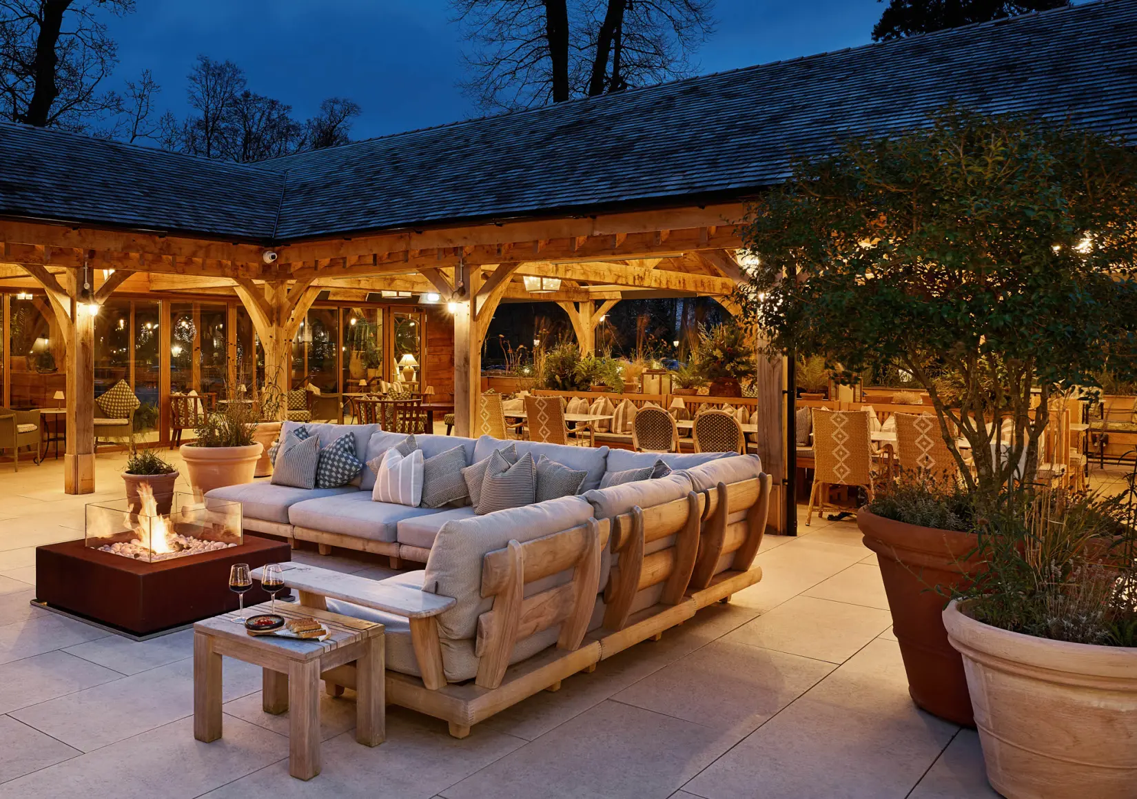 An image of the terrace on a winter evening at Hoar Cross Hall