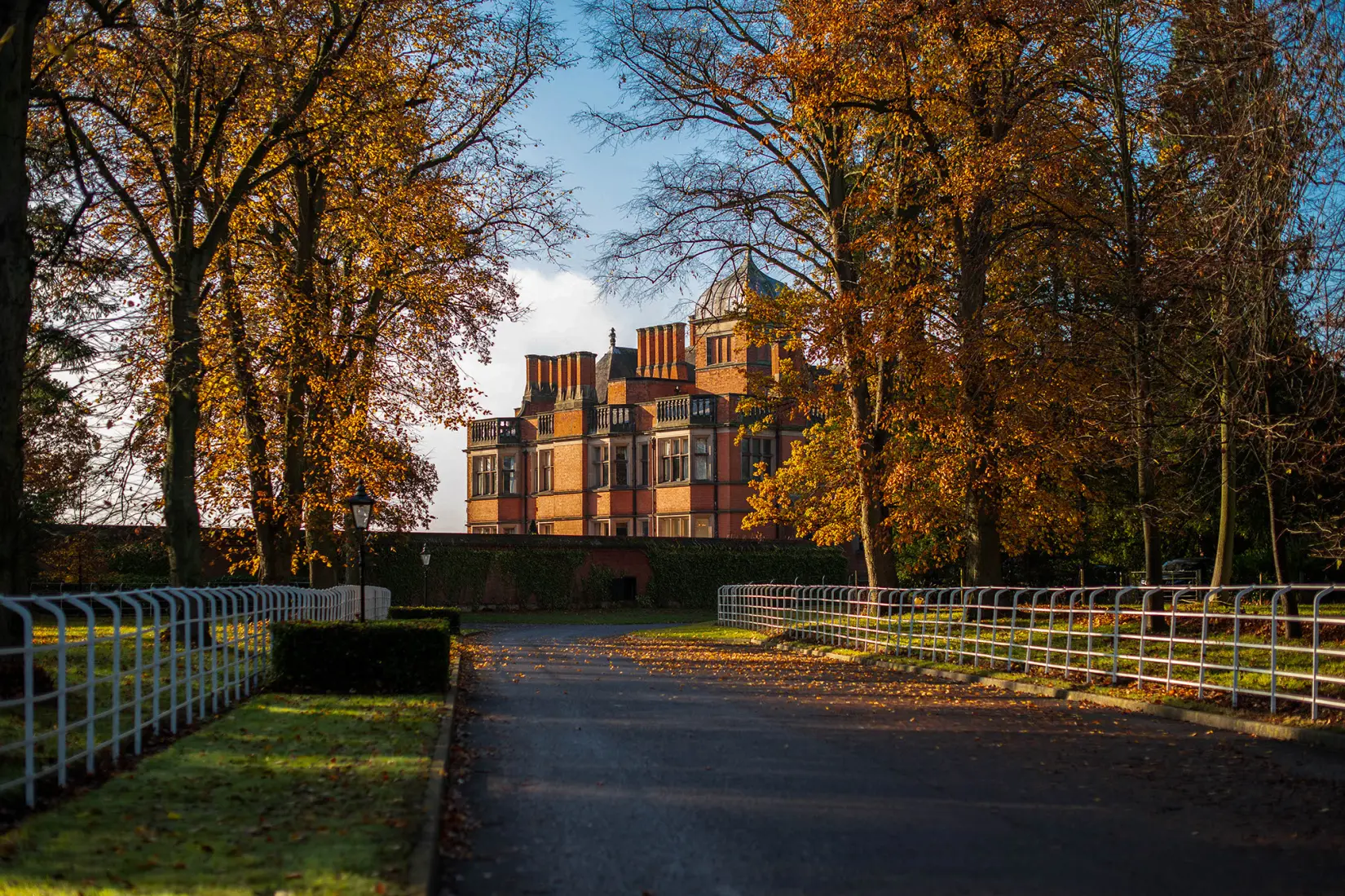 An image of the autumn exterior at Hoar Cross Hall