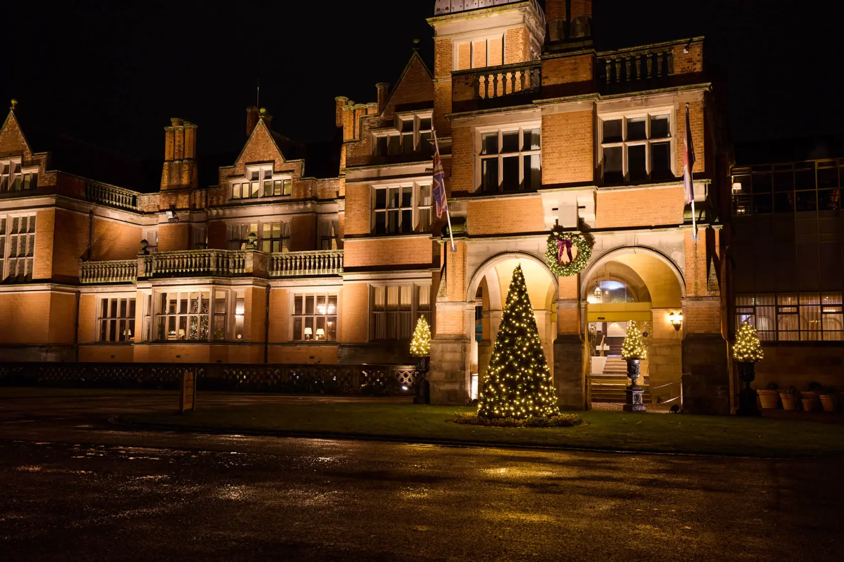 An image of exterior decorated for Christmas at Hoar Cross Hall