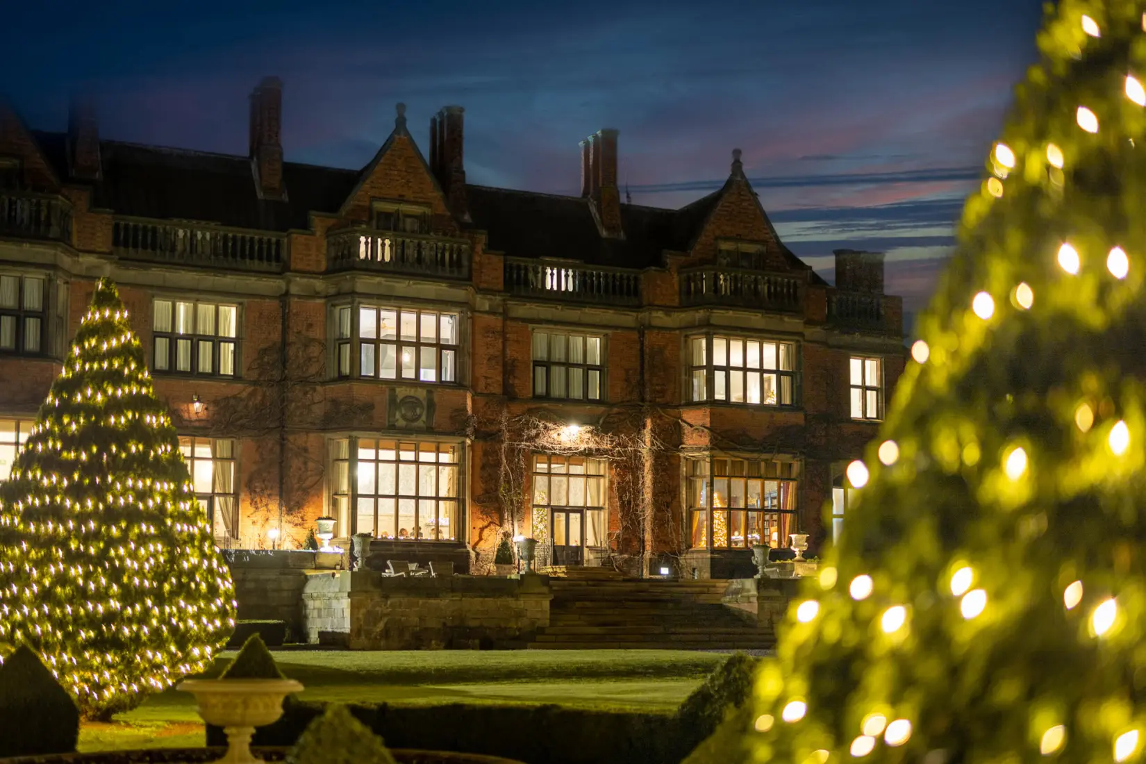 An image of festive exterior at Hoar Cross Hall