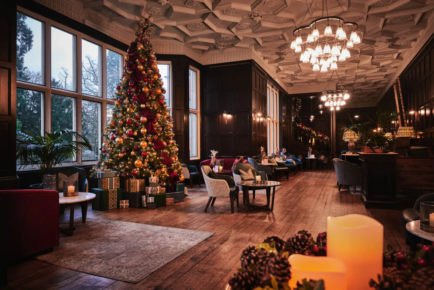 An image of Hoar Cross Hall decorated at Christmas