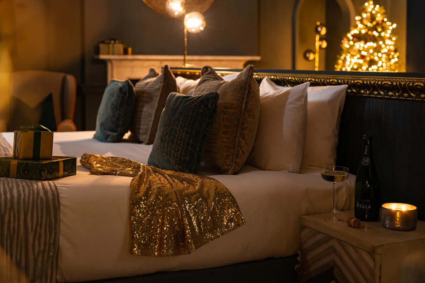 An image of a bedroom decorated for Christmas at Hoar Cross Hall