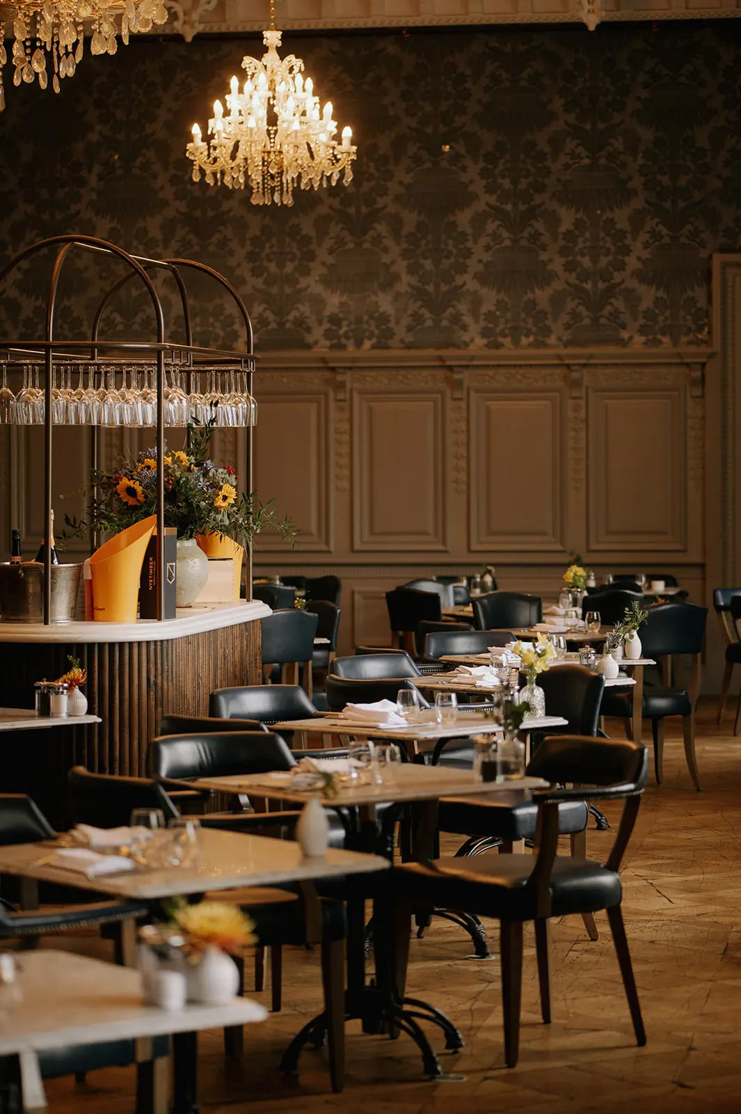 The Ballroom at Hoar Cross Hall showcasing original William Morris wallpaper and heritage features